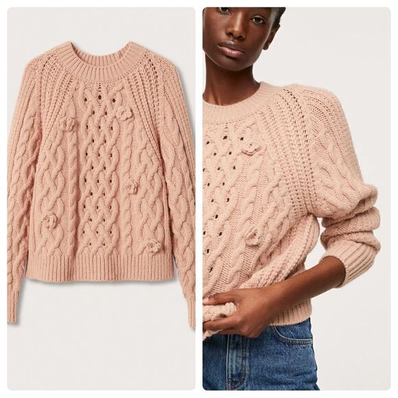 Mango Cable Knit Sweater Pastel Pink
